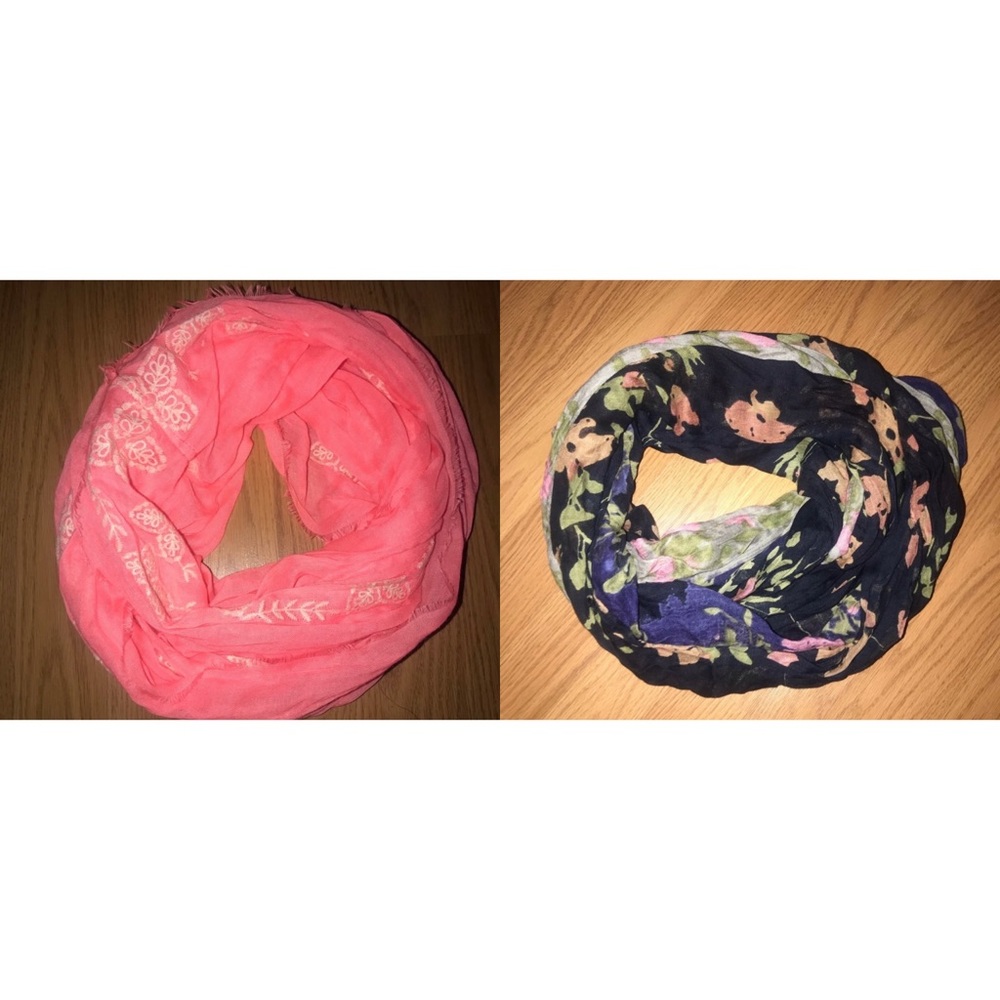 Bundle of two infinity scarves. One hot pink with white lace and one floral.